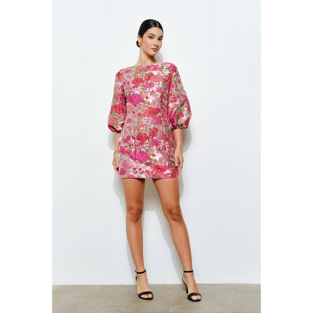 Luxe Metallic Floral Jacquard Puff 1/2 Mini Dress