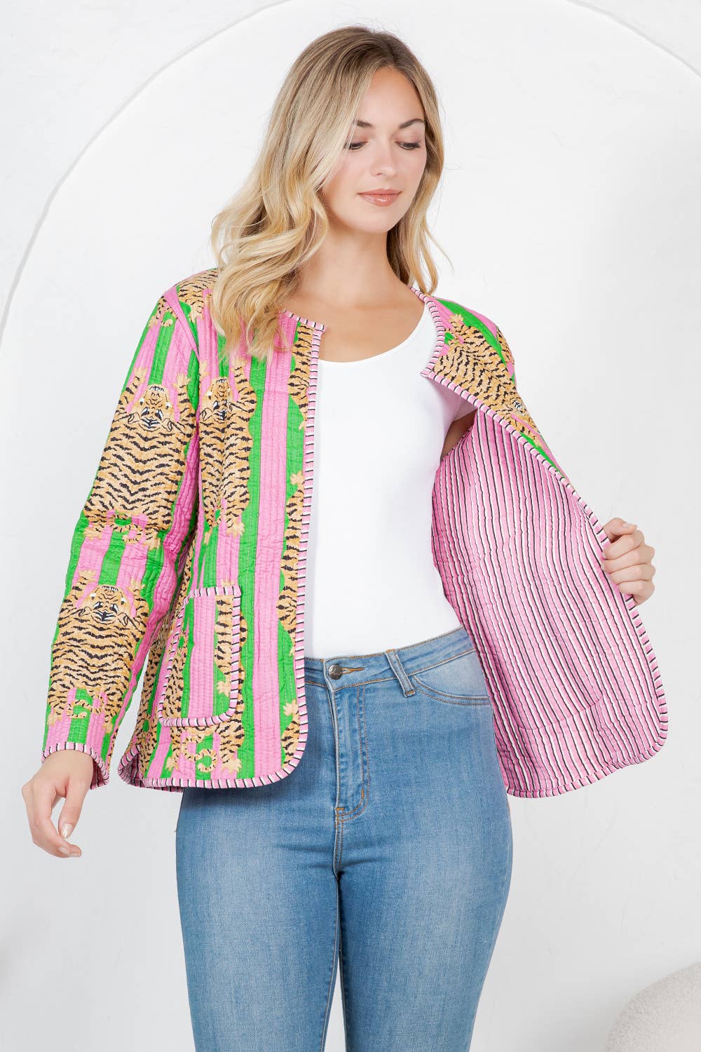 LA Soul - Tiger Print Quilted Cotton Jacket - Pink