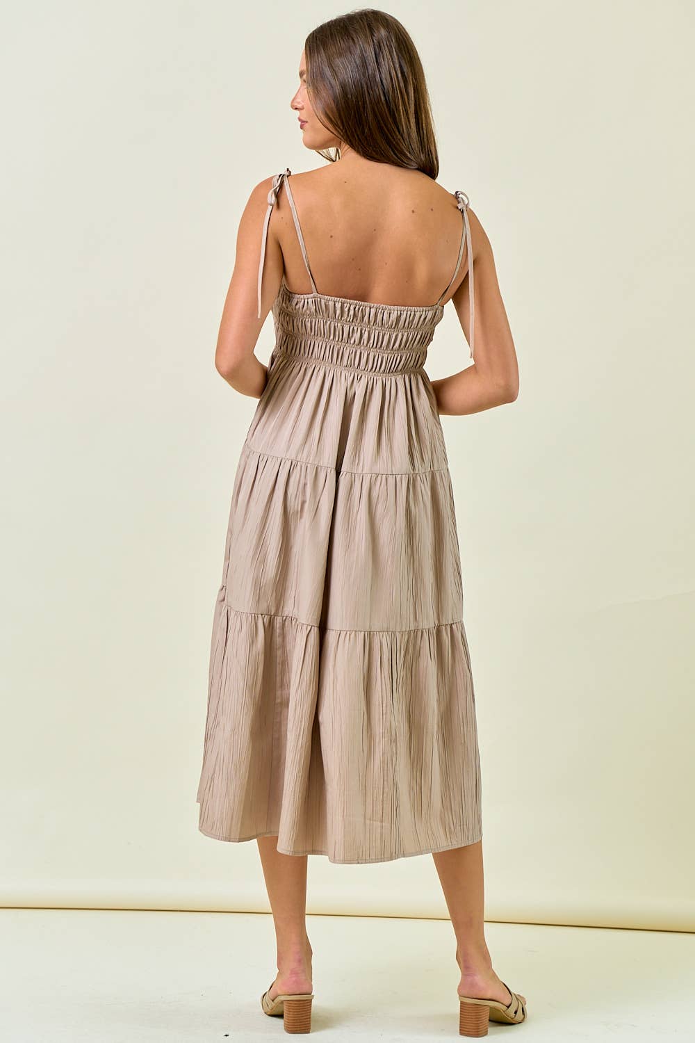 Crinkle Textured Tie Strap Tiered Midi Dress