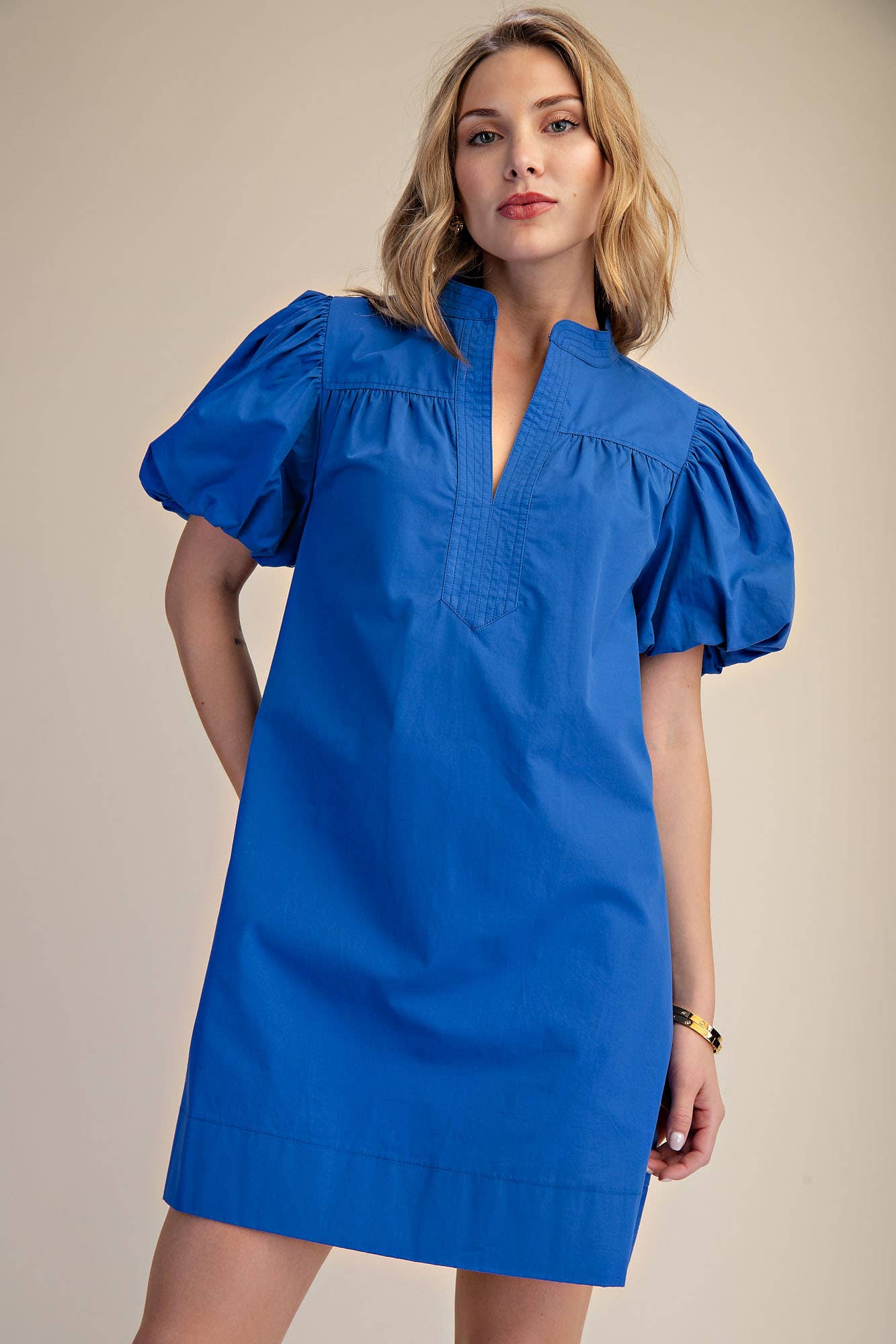 China Collar V-Neck Bubble Sleeve Mini Dress
