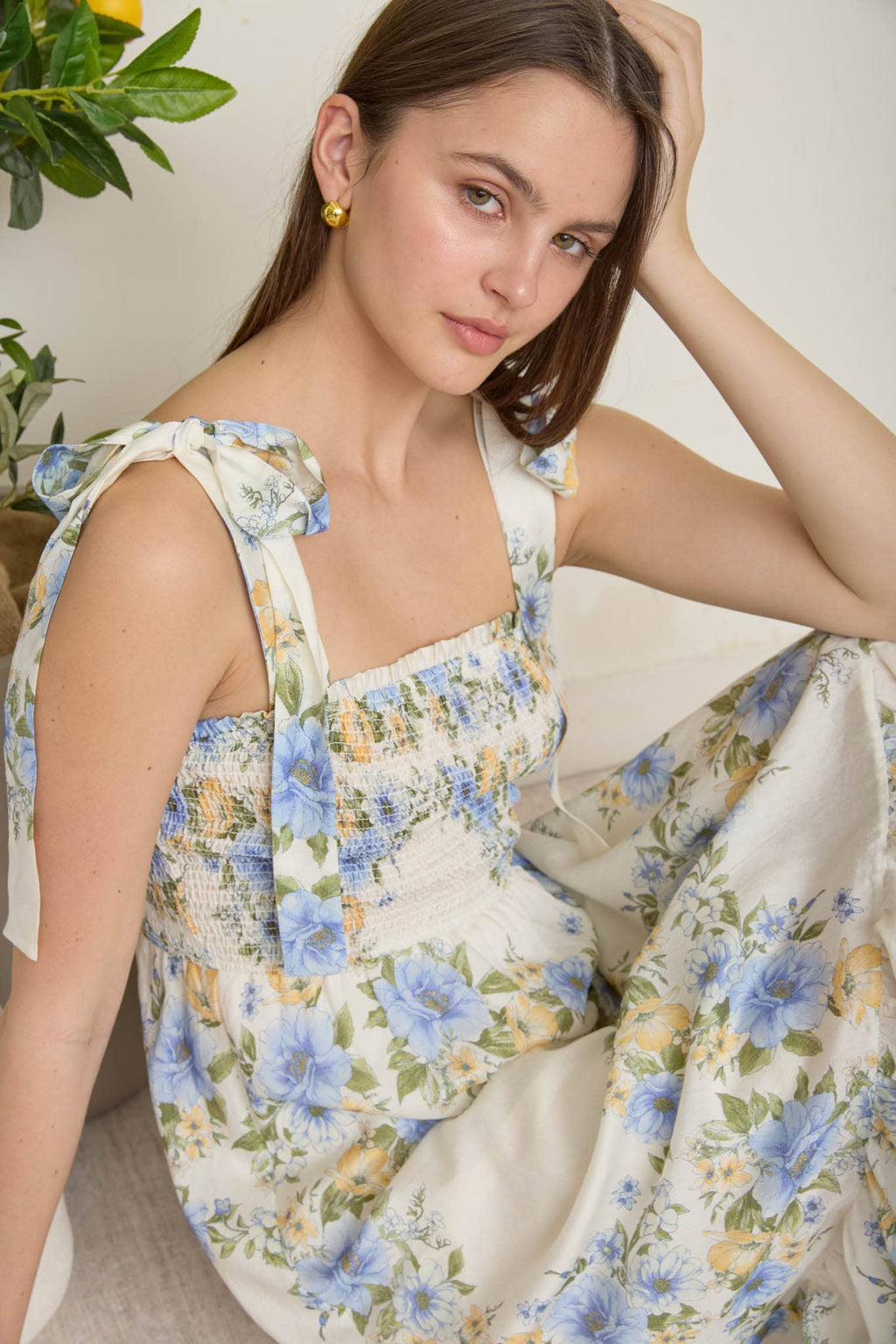 FLORAL TIE STRAP SMOCKED BORDER PRINT MIDI DRESS