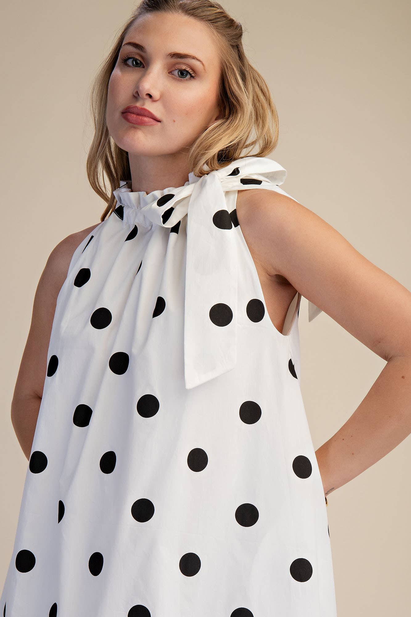 Ruffle Neck Tie Polka Dot Sleeveless Midi Dress