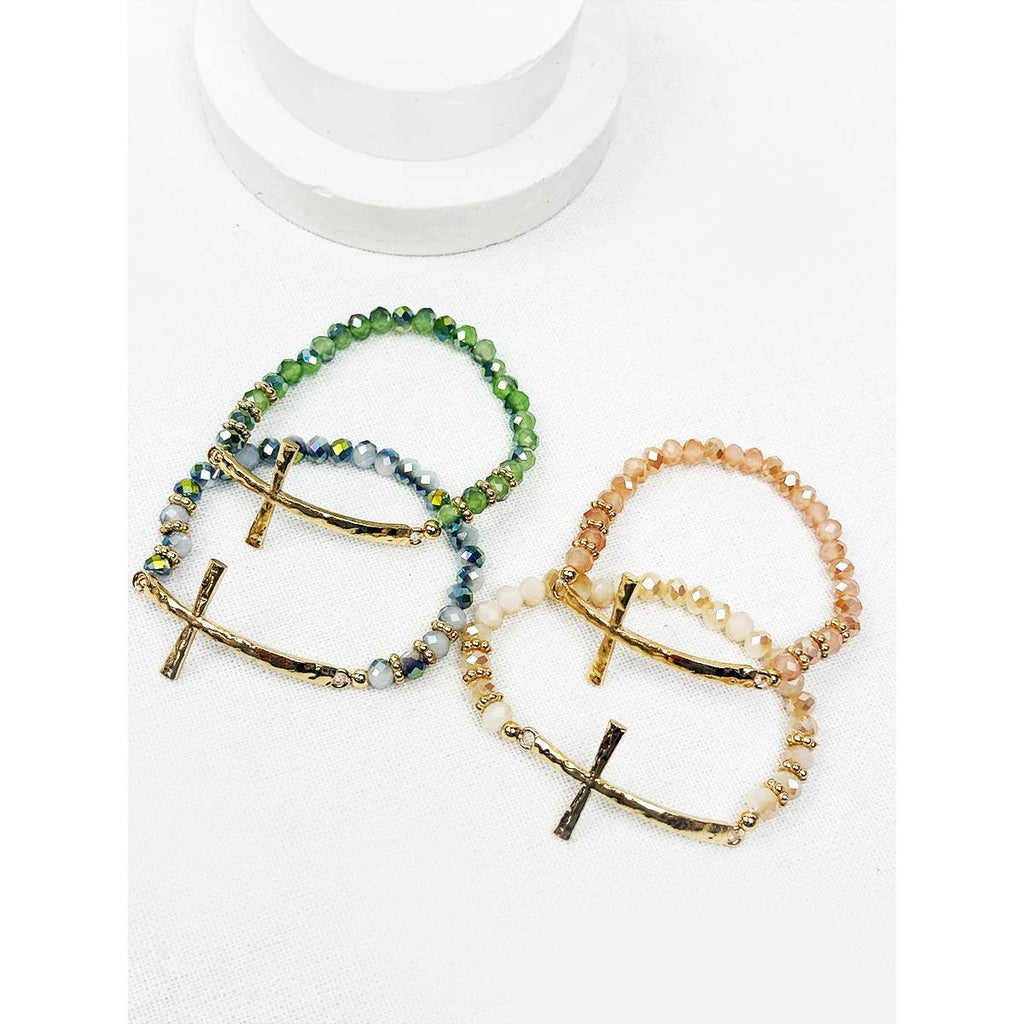 Love and Repeat - Hammered Cross Bead Stretch Bracelet