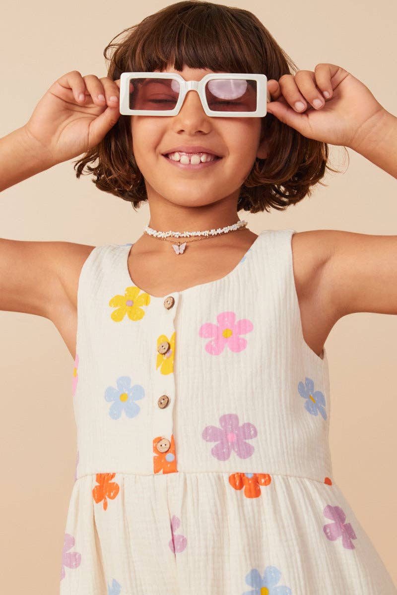 Girls Floral Gauze Textured Tiered Tank Romper
