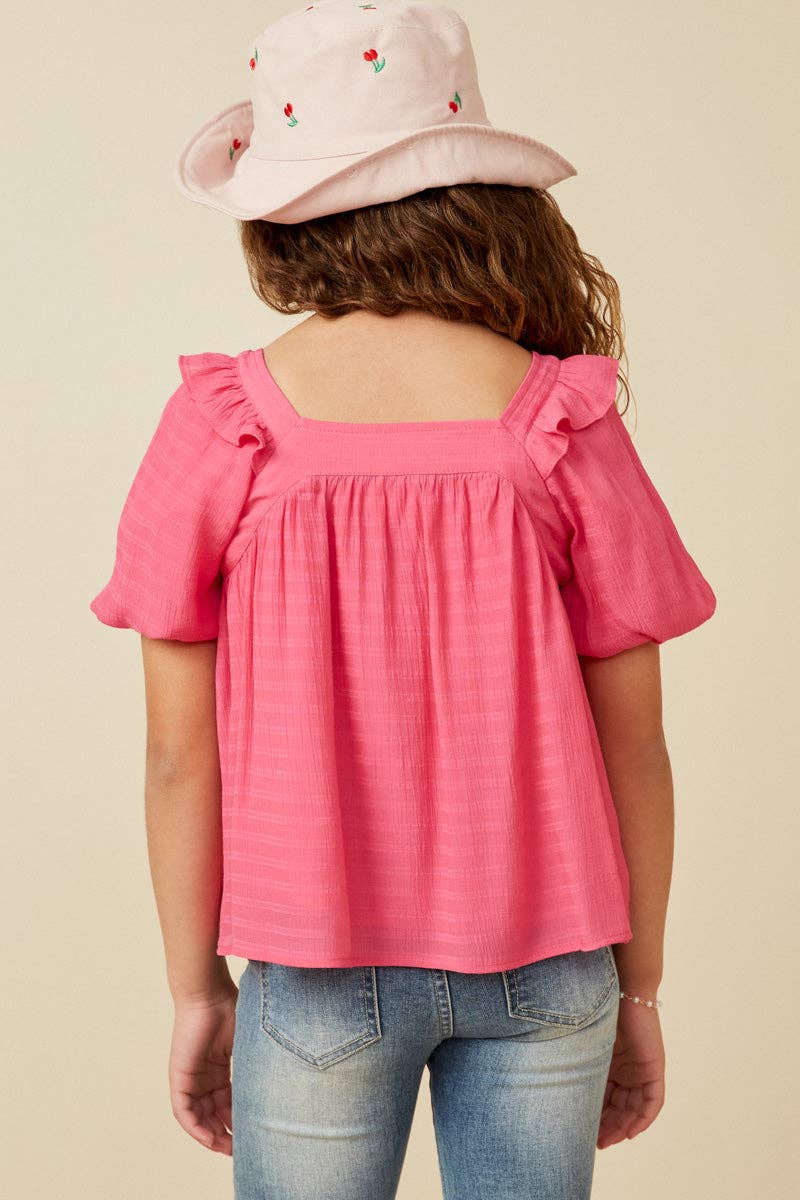 Girls Square Neck Ruffle Shoulder Textured Top