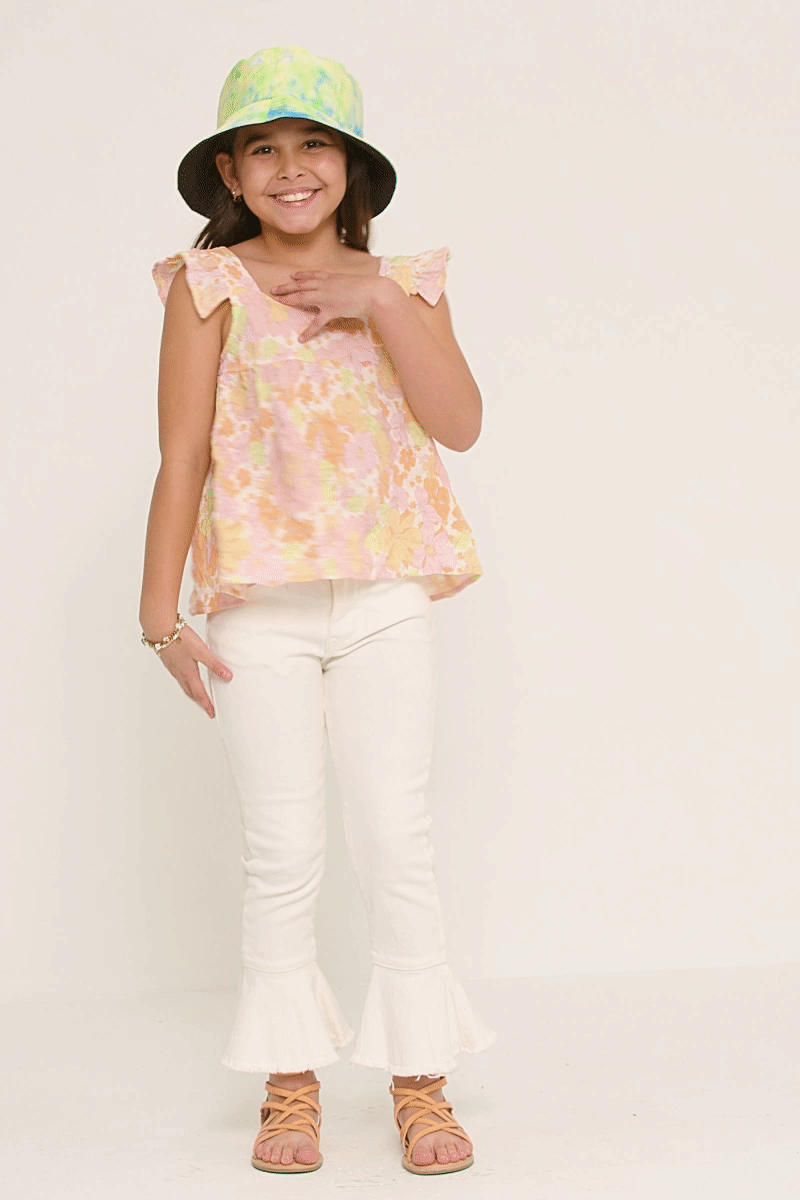 Hayden LA - Girls Textured Floral Button Back Ruffle Tank