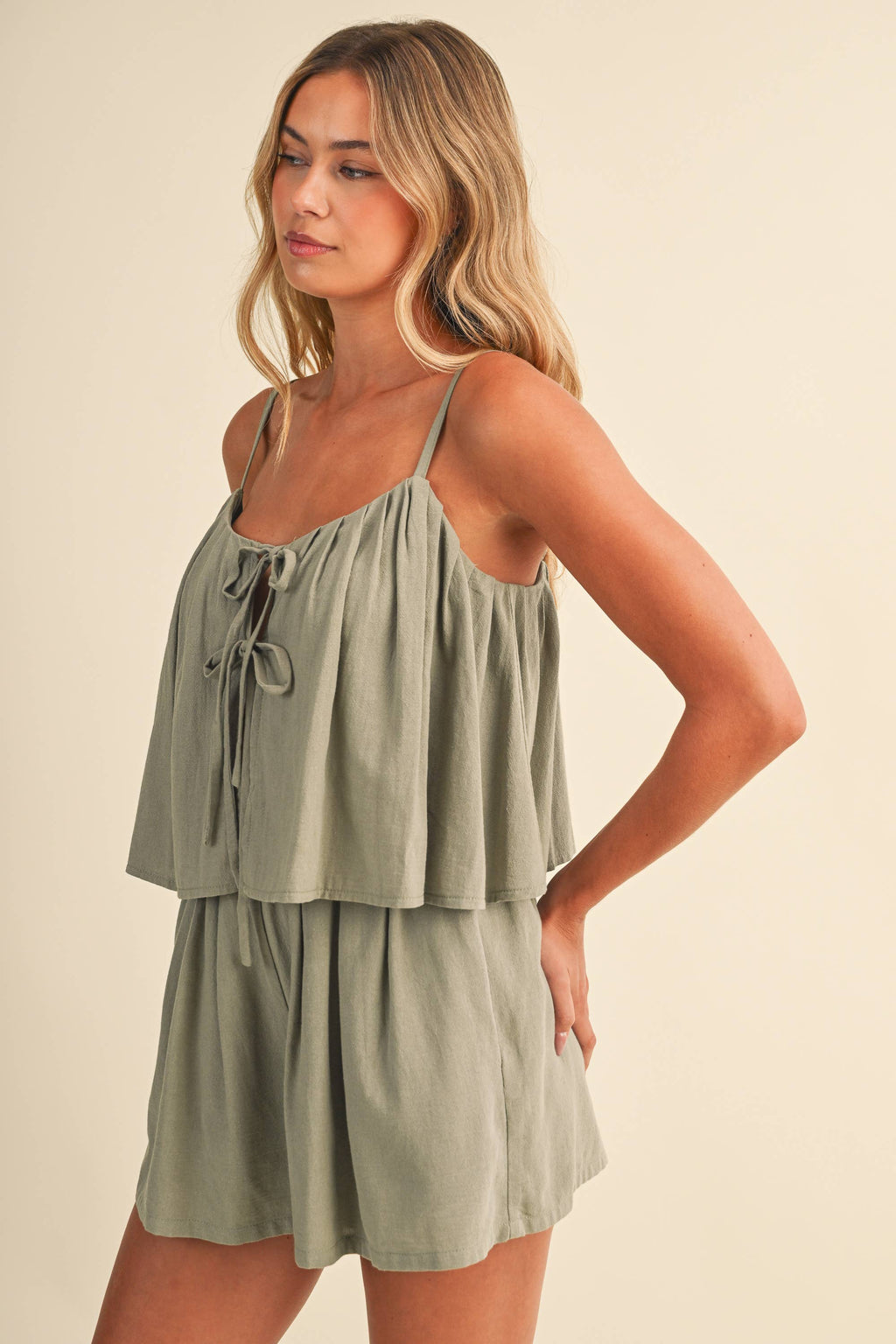 TIERED, FLOWY ROMPER/ FRONT-TIE ACCENTS AND TEXTURED