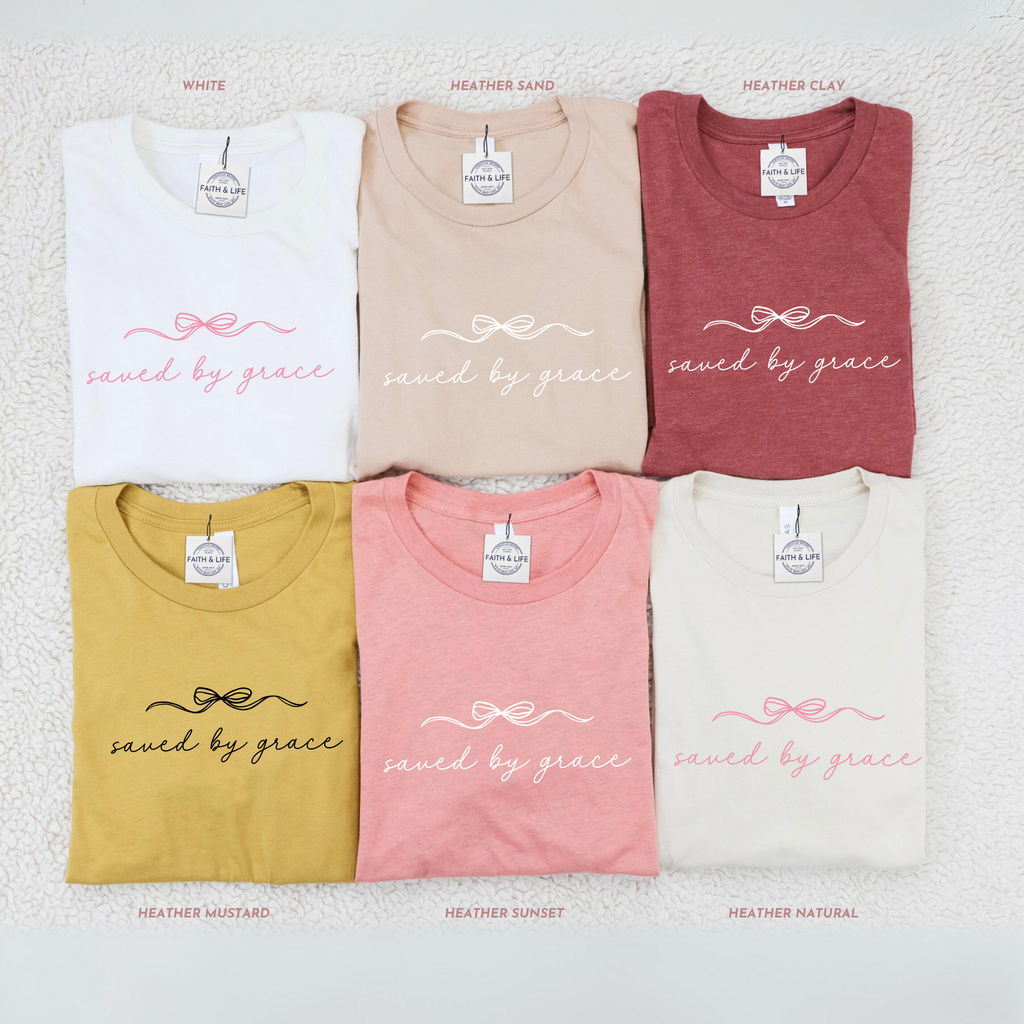 Faith & Life Christian Brands - Saved By Grace Easter Spring Women's Christian Bow T-Shirt