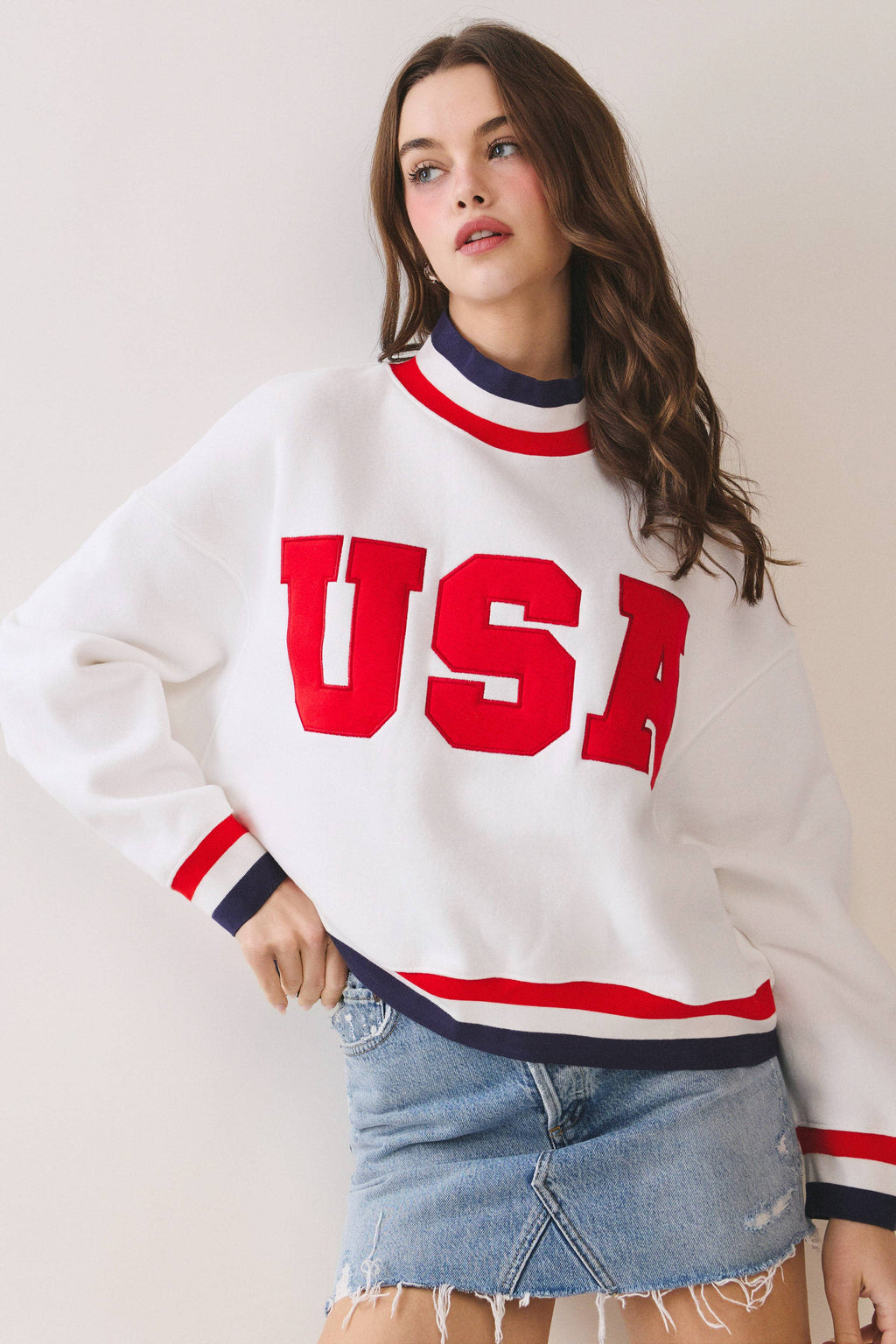 TCEC - CT9794-USA Letter Print Contrast Trim Sweatshirt