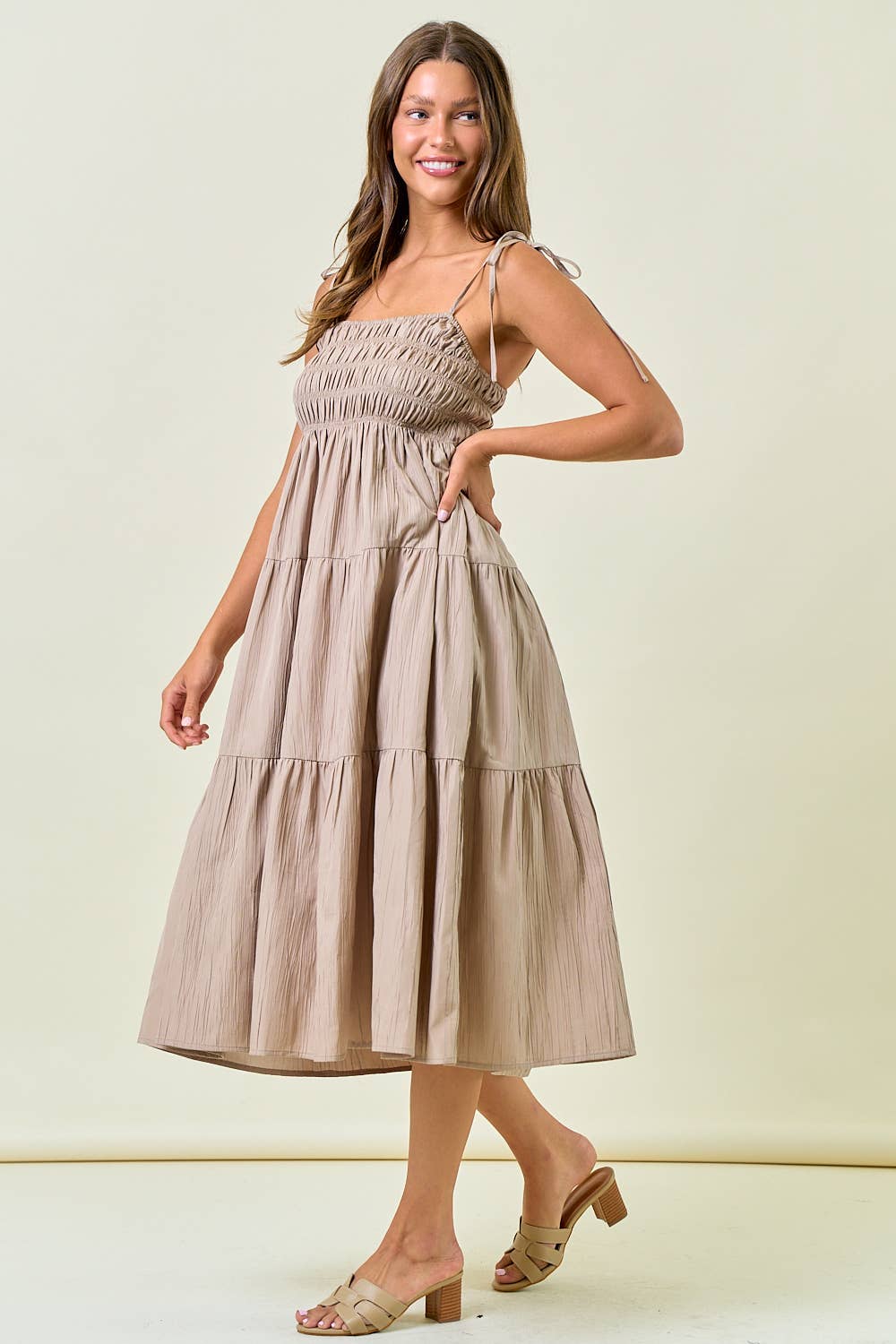 Crinkle Textured Tie Strap Tiered Midi Dress