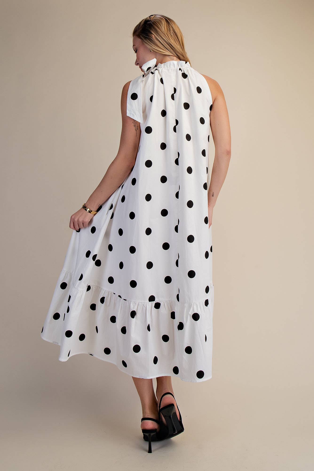 Ruffle Neck Tie Polka Dot Sleeveless Midi Dress