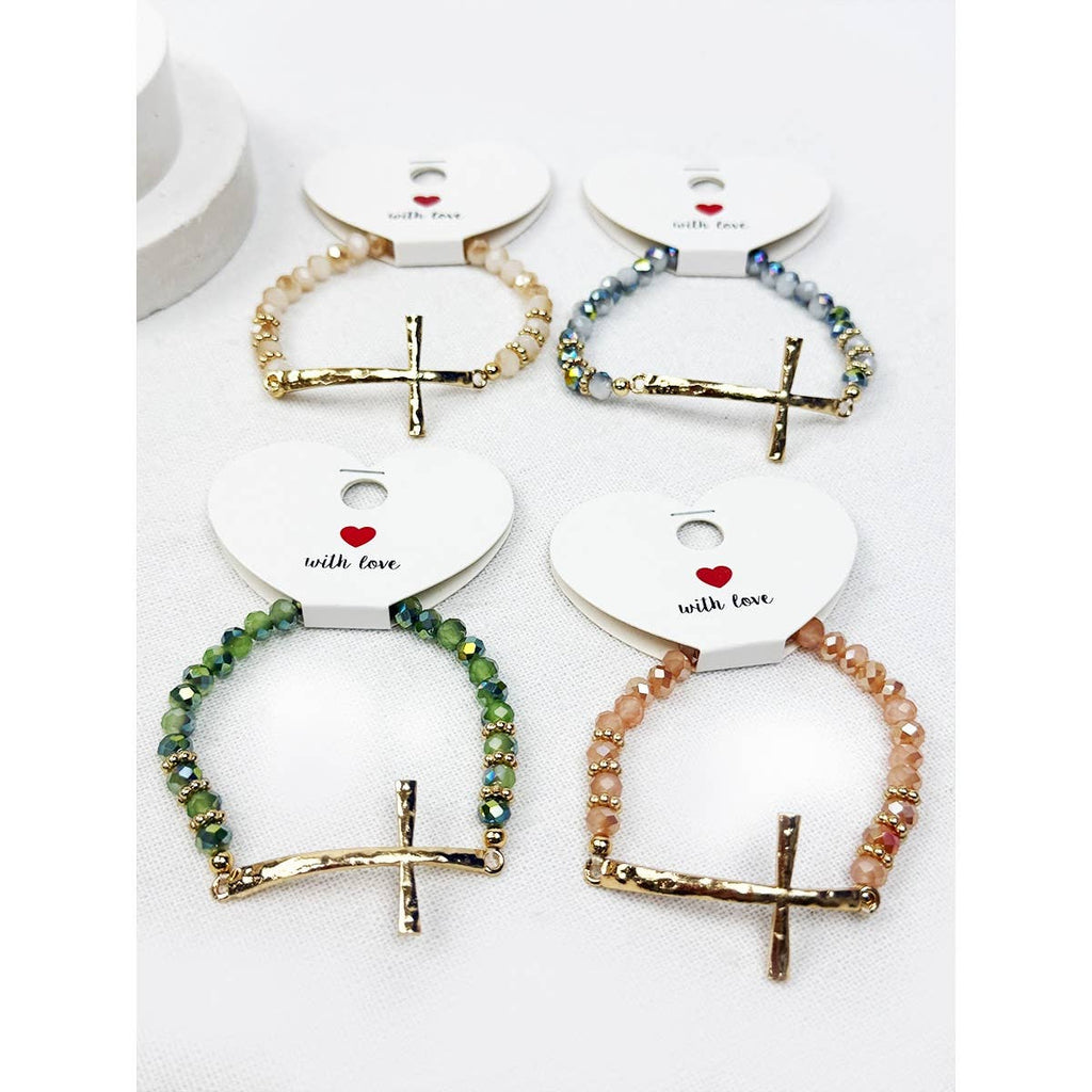 Love and Repeat - Hammered Cross Bead Stretch Bracelet