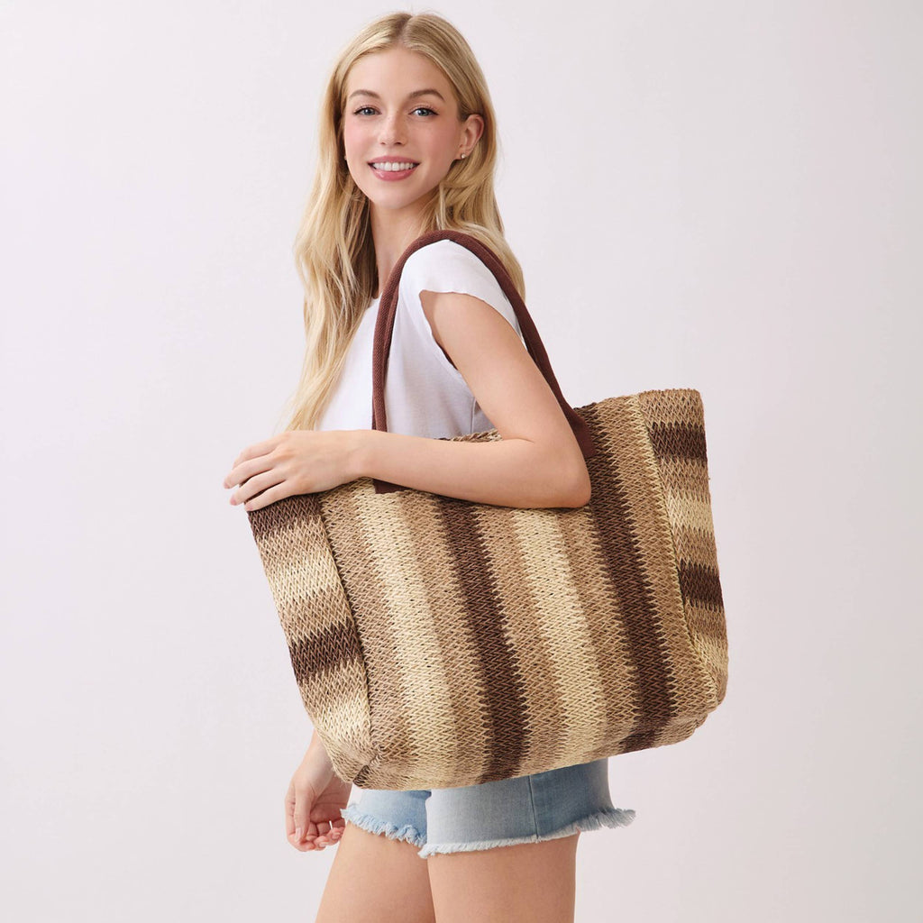Hana - Multi Color Stripe Pattern Natural Brown Straw Tote Bag