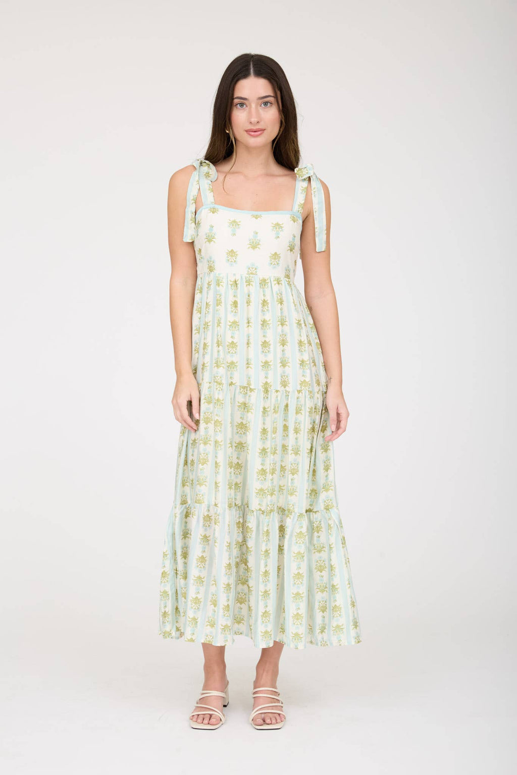 STRIPE FLORAL CONTRAST SLEEVELESS MIDI DRESS