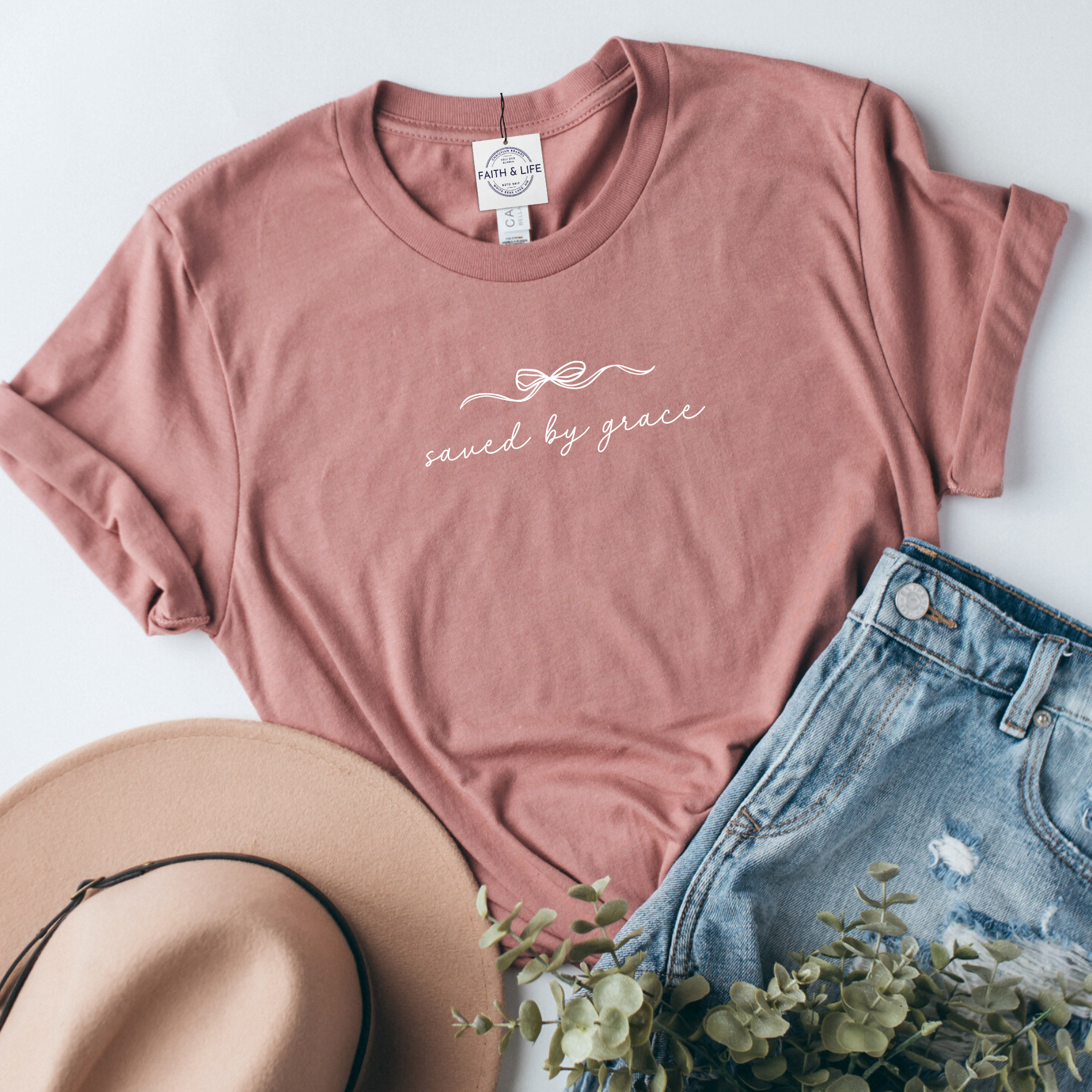 Faith & Life Christian Brands - Saved By Grace Easter Spring Women's Christian Bow T-Shirt
