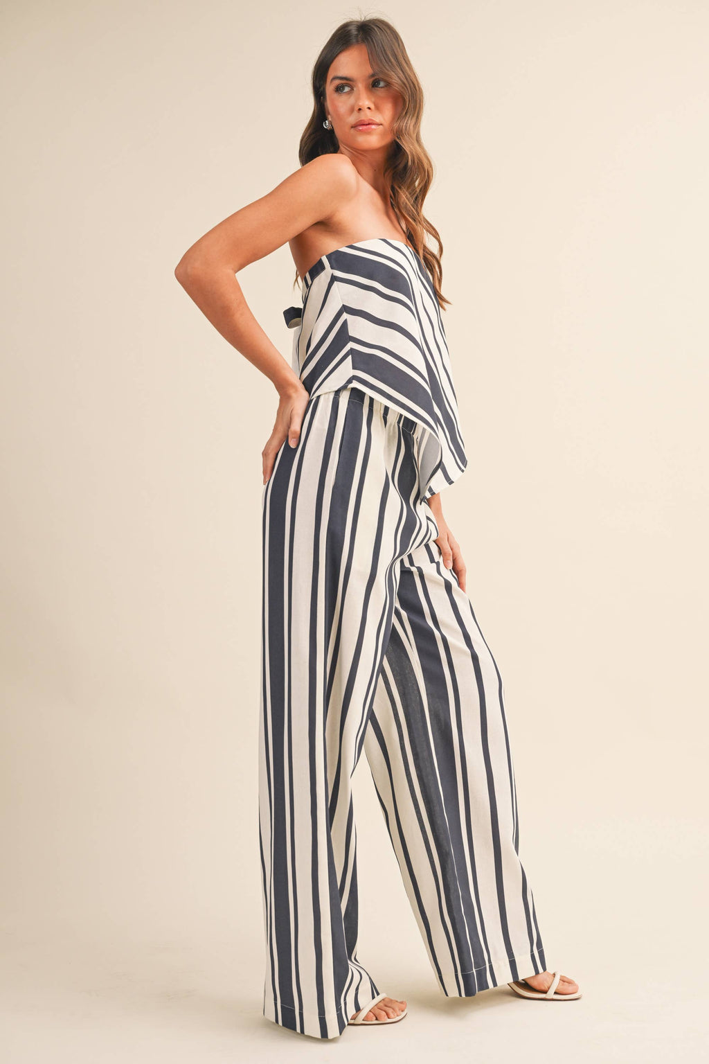 Klesis - IST6376 STRIPED LINEN TUBE TOP AND WIDE LEG PANTS SET