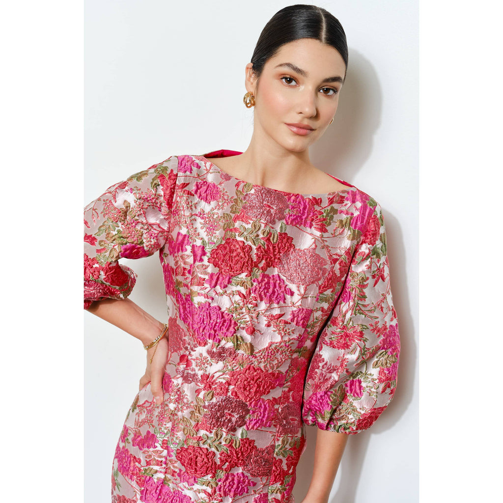 Luxe Metallic Floral Jacquard Puff 1/2 Mini Dress
