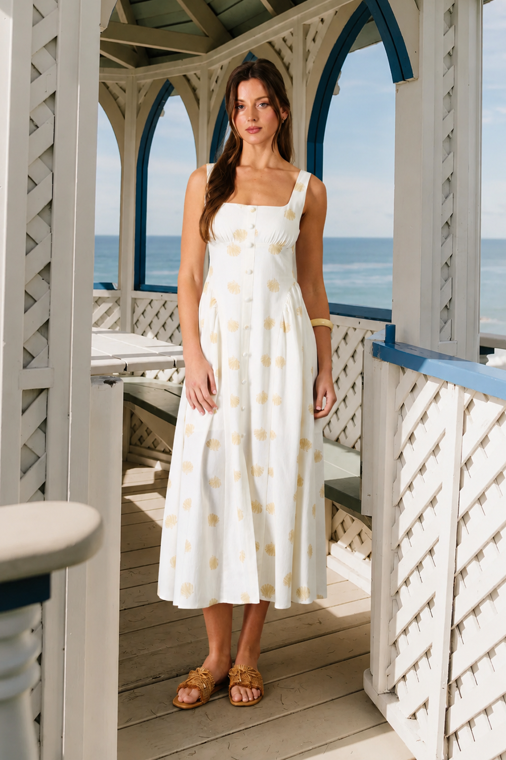 Blu Pepper - SEASHELL PRINT BUTTON DOWN SLEEVELESS MIDI DRESS