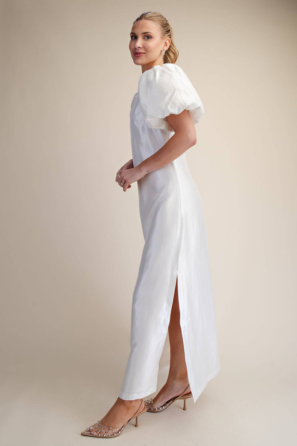 Puff-Sleeve A-Line Glossy Elegant Maxi Dress