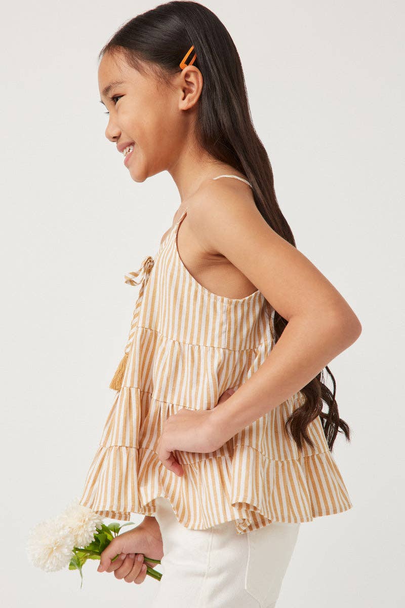 Girls Vertical Stripe Tassel Tie Tiered Tank