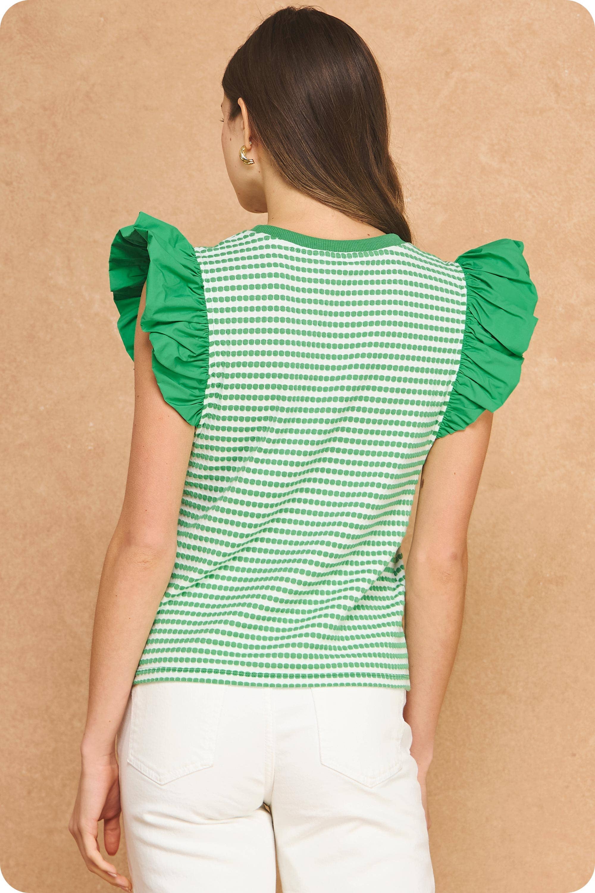 Strut & Bolt - Textured Stripe Bubble Ruffle Sleeve Knit Tee Top