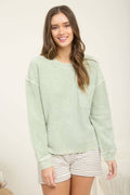 J.O.A - WASHED POCKET DETAIL LONG SLEEVE RIB KNIT TOP
