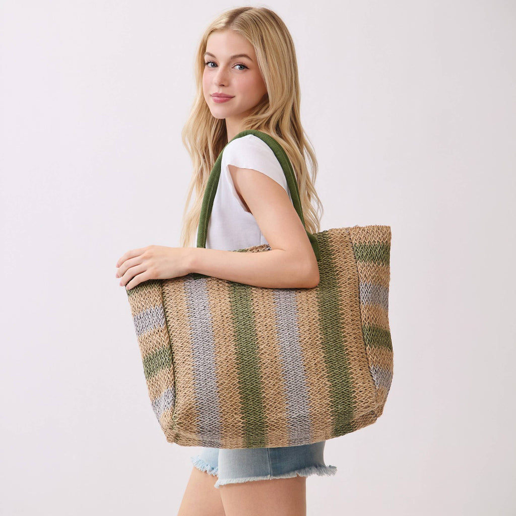 Hana - Multi Color Stripe Pattern Natural Brown Straw Tote Bag