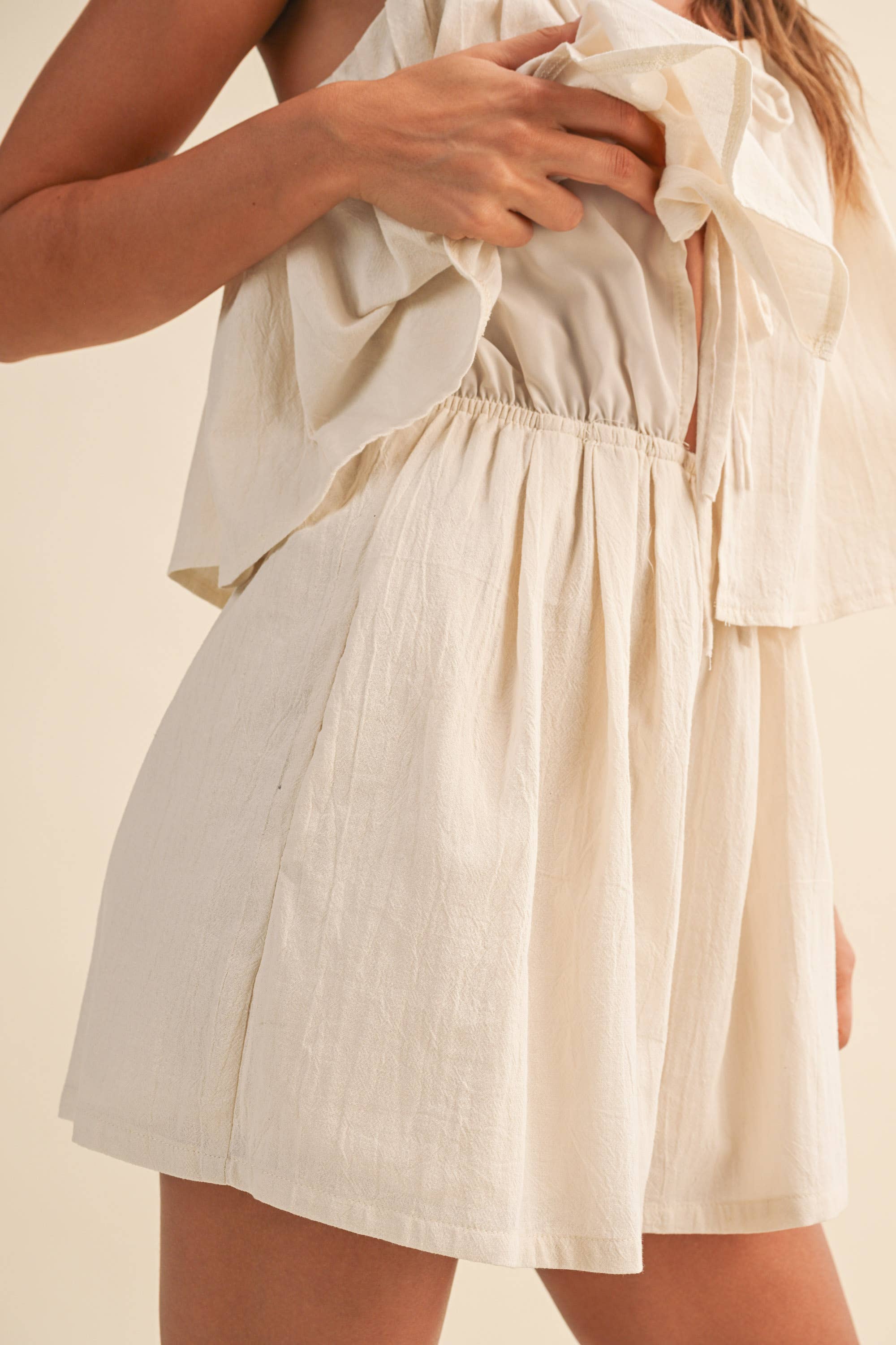 TIERED, FLOWY ROMPER/ FRONT-TIE ACCENTS AND TEXTURED