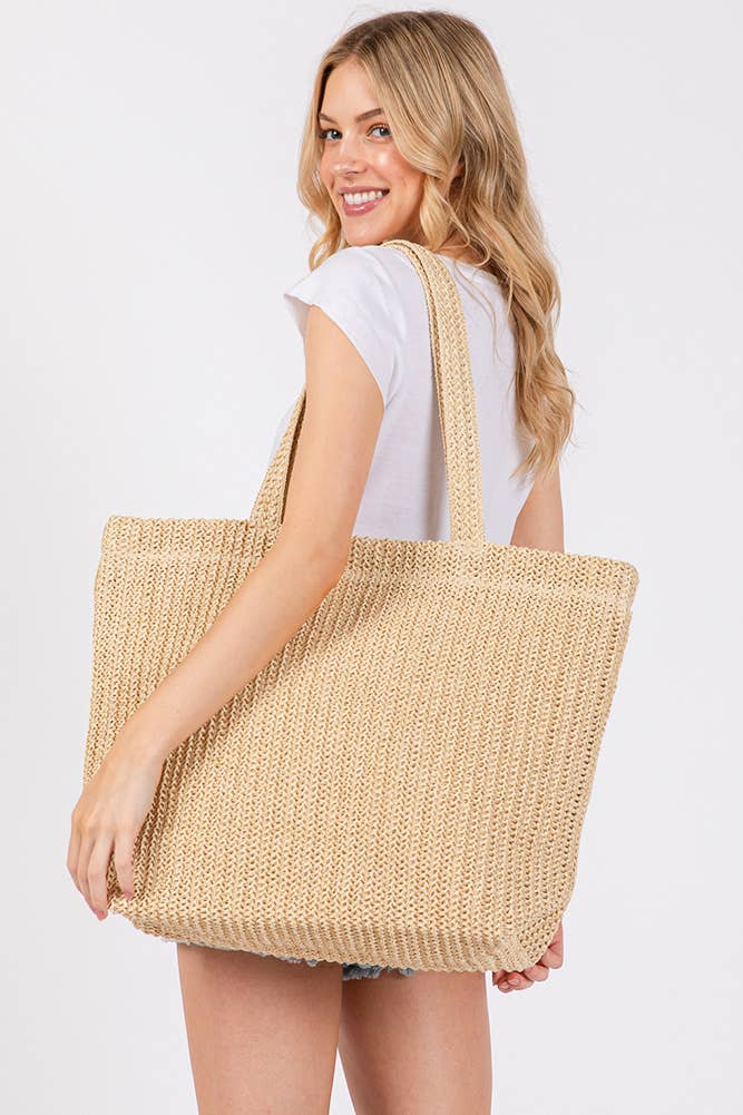 Solid Color Crochet Summer Straw Tote Bag
