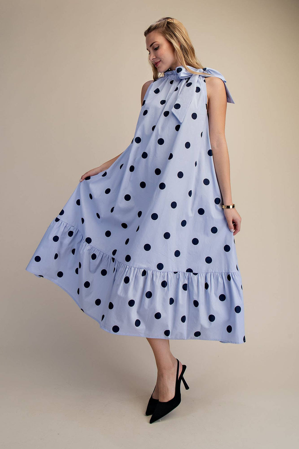 Ruffle Neck Tie Polka Dot Sleeveless Midi Dress