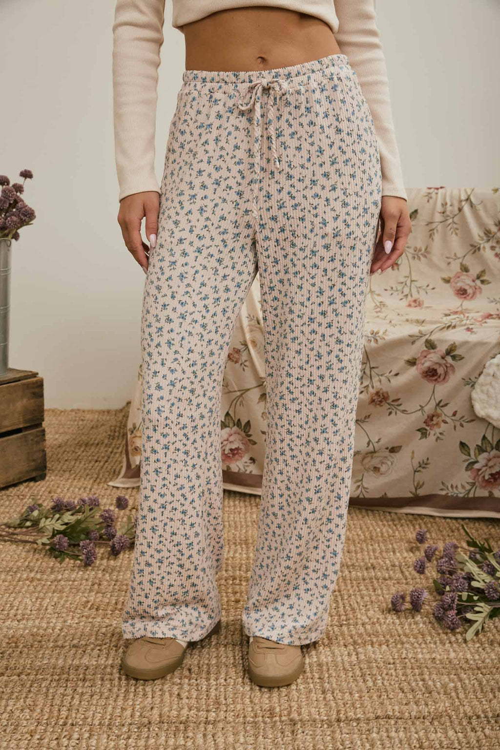 J.O.A - DITSY FLORAL RIB KNIT WIDE LEG LOUNGE PANTS