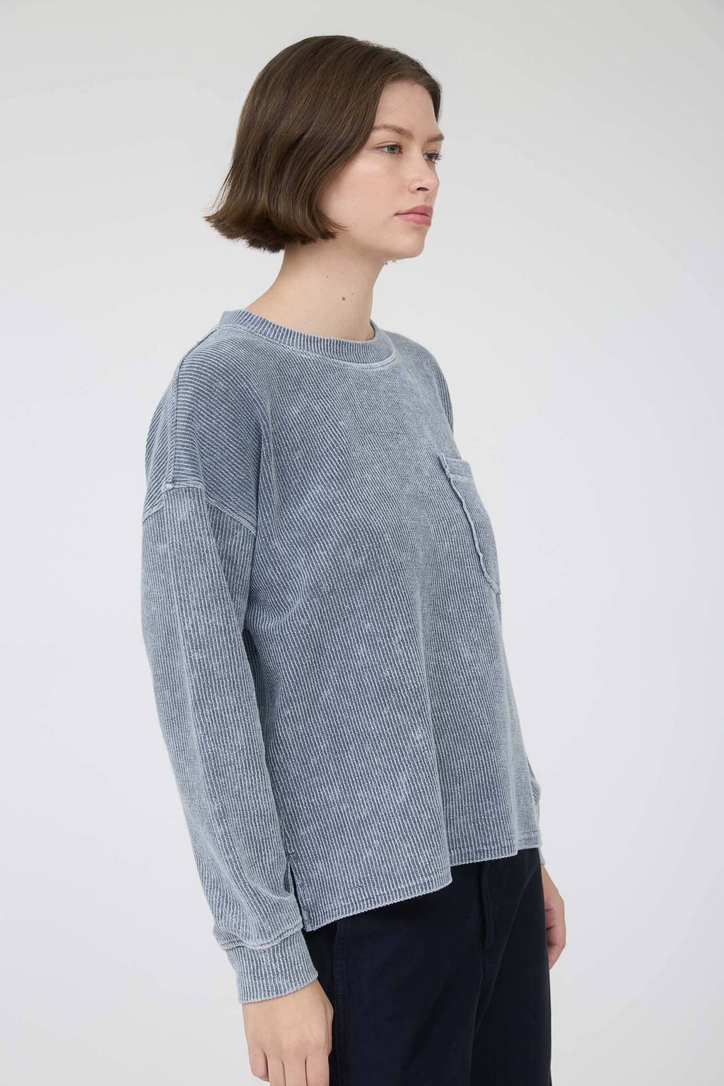 J.O.A - WASHED POCKET DETAIL LONG SLEEVE RIB KNIT TOP