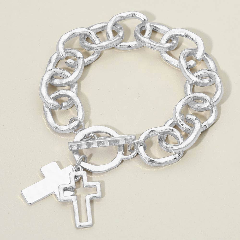Hammered Layered Cross Charm Chunky Chain Toggle Bracelet