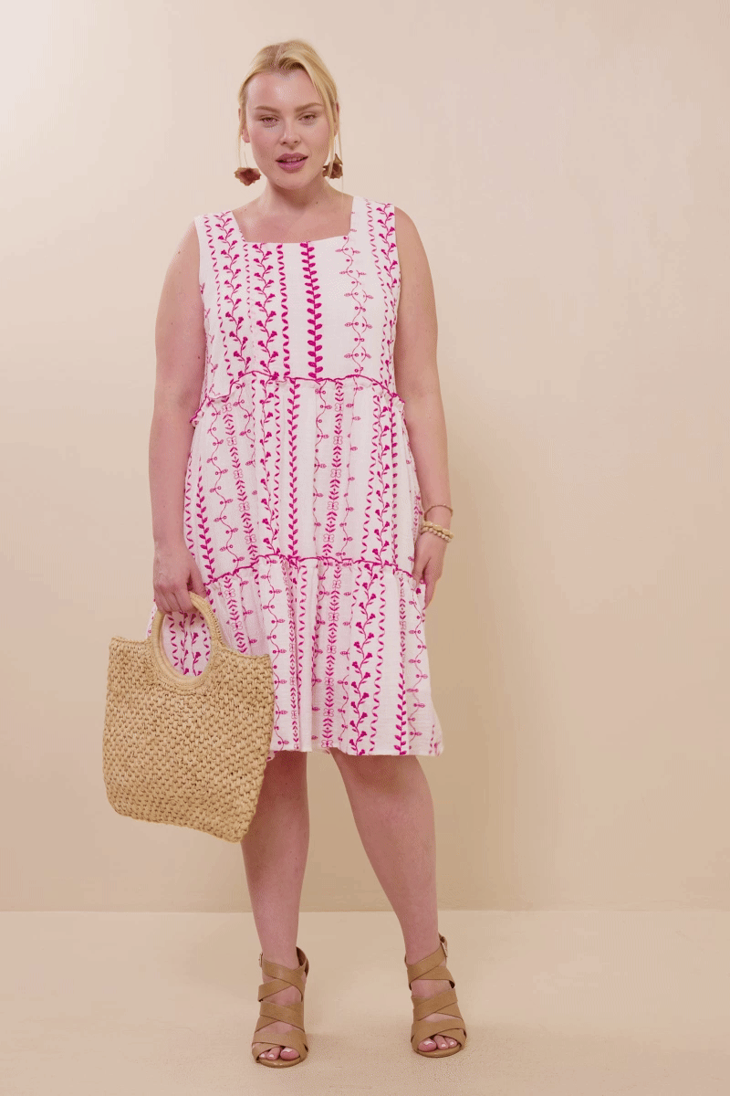 Womens Botanical Embroidered Ruffle Tiered Tank Dress