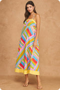 Vibrant Geometric Stripe Contrast Midi Dress