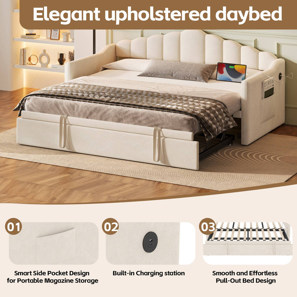 39F Inc. - Velvet Daybed with Pop Up Trundle USB Twin Beige/Pink