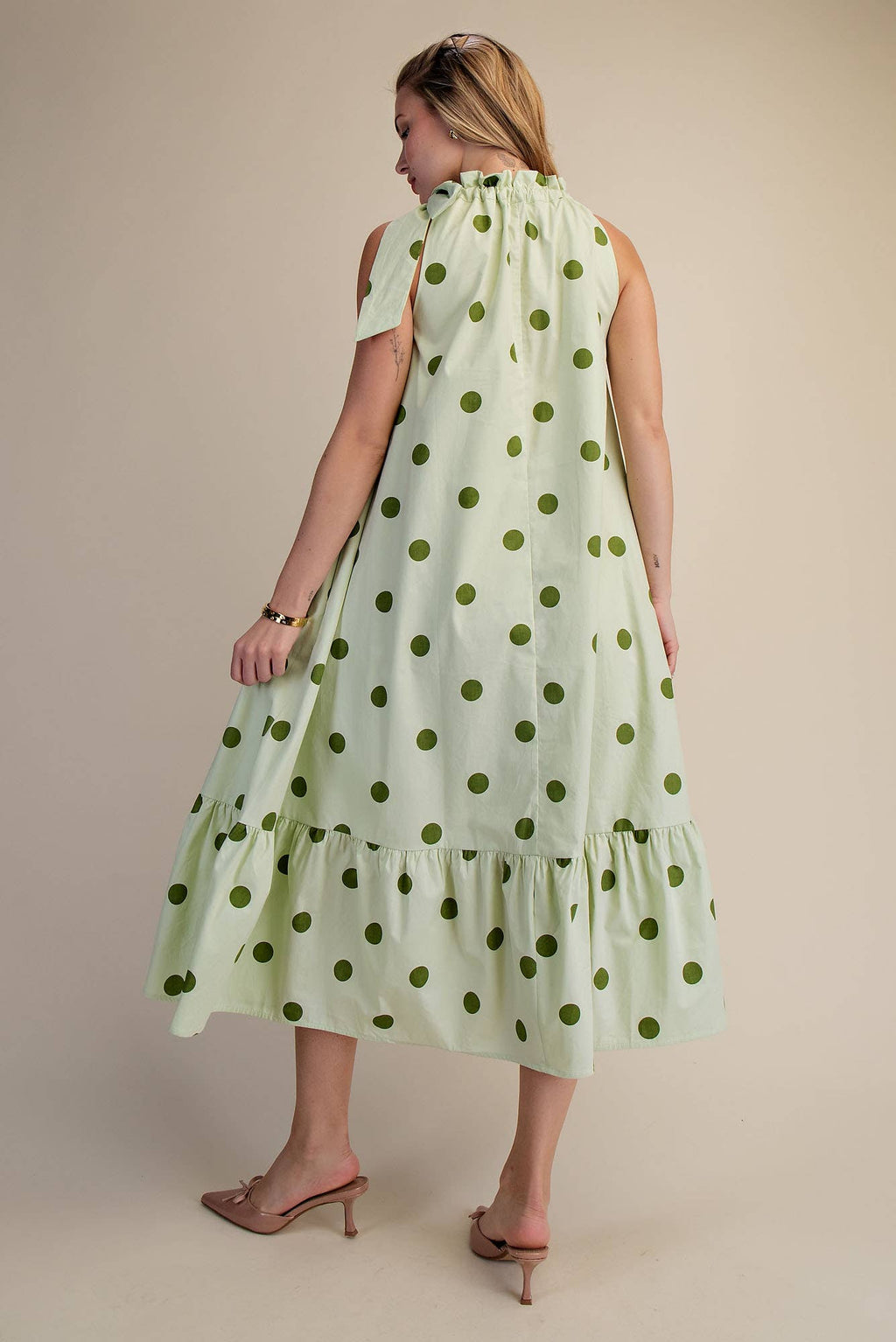 Ruffle Neck Tie Polka Dot Sleeveless Midi Dress