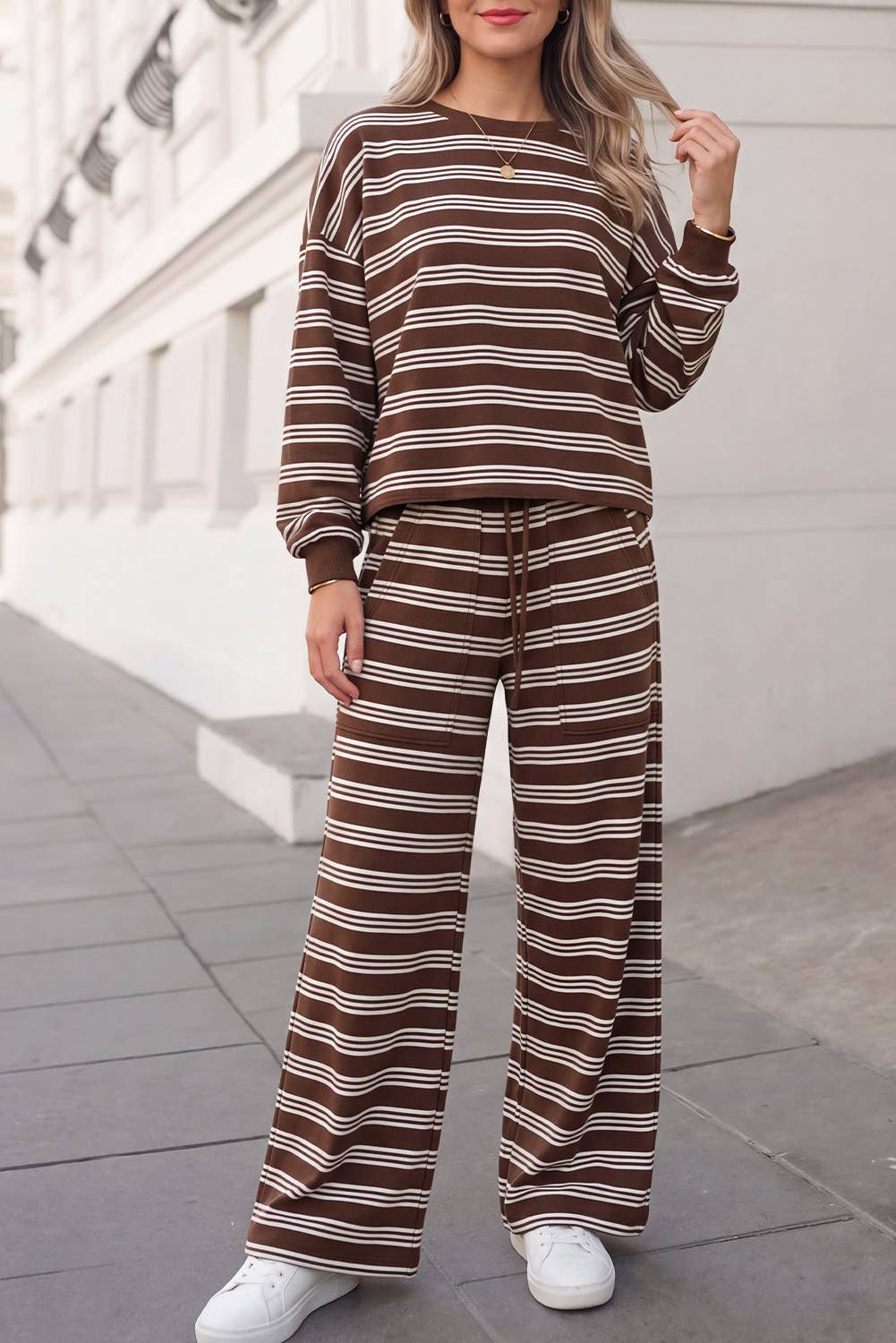Aapparella - Striped Cutout Back Top &  Pants 2pcs Set | S-4X