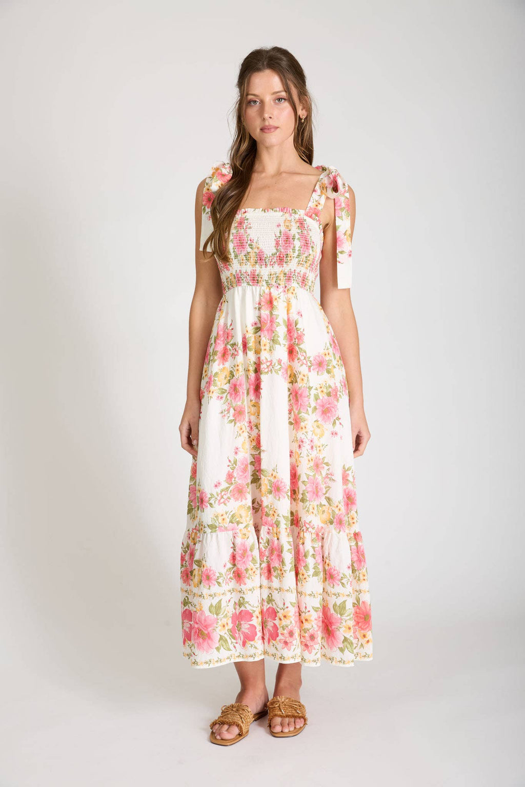 FLORAL TIE STRAP SMOCKED BORDER PRINT MIDI DRESS