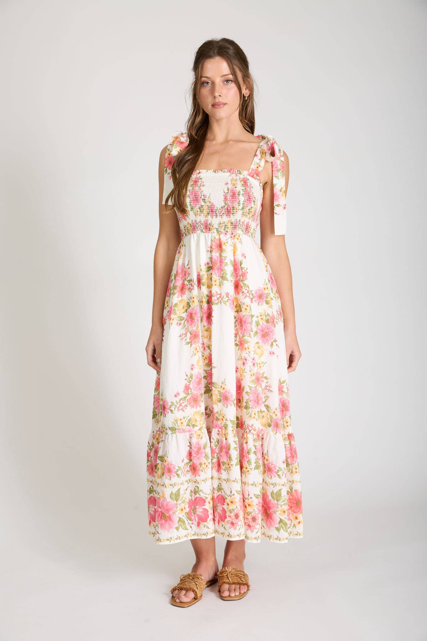 FLORAL TIE STRAP SMOCKED BORDER PRINT MIDI DRESS