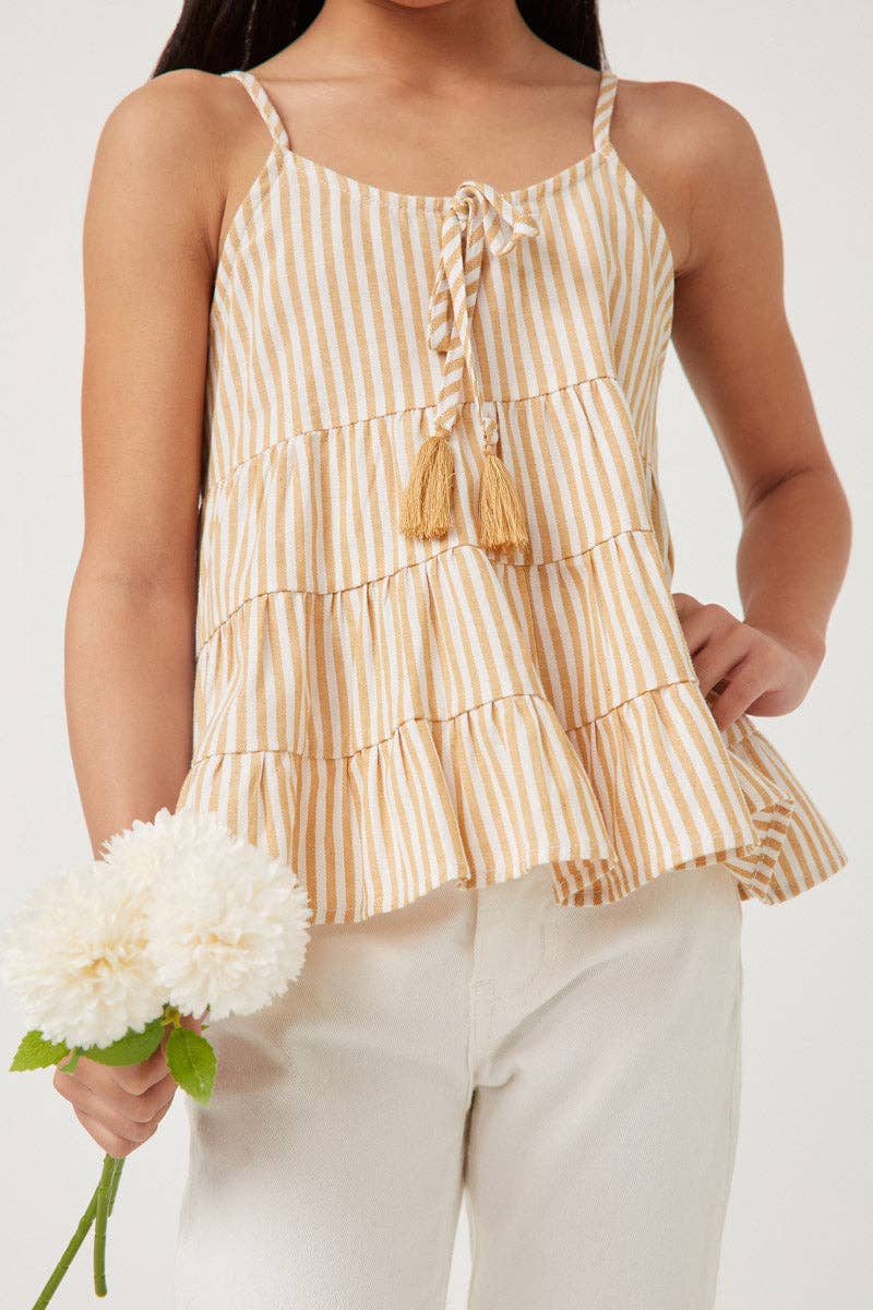 Girls Vertical Stripe Tassel Tie Tiered Tank