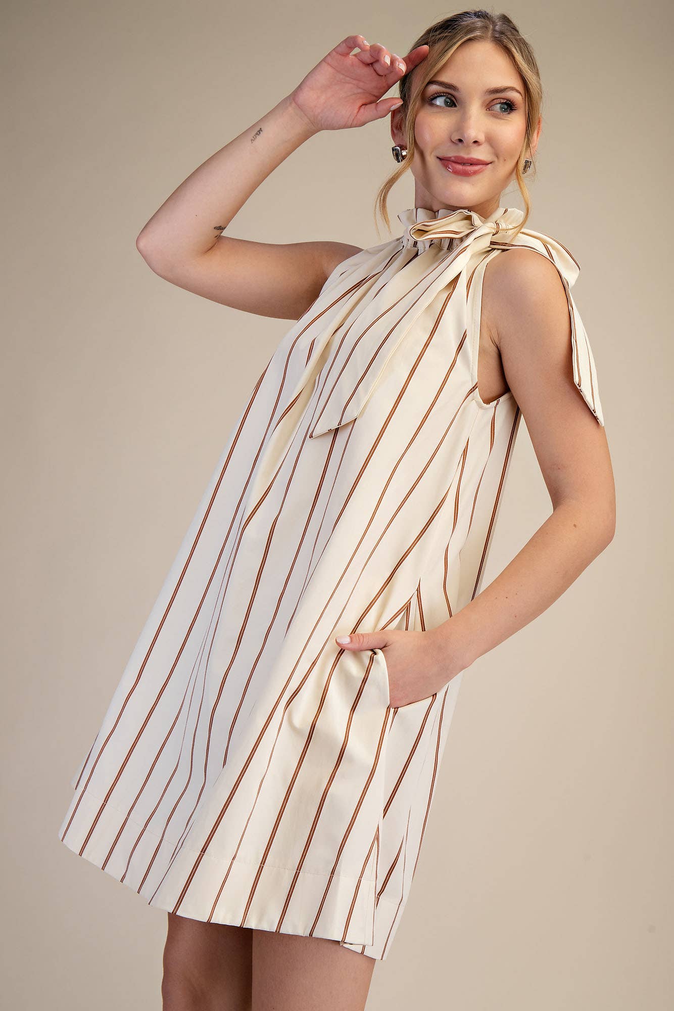 Ruffle Neck Tie Sleeveless Mini Dress