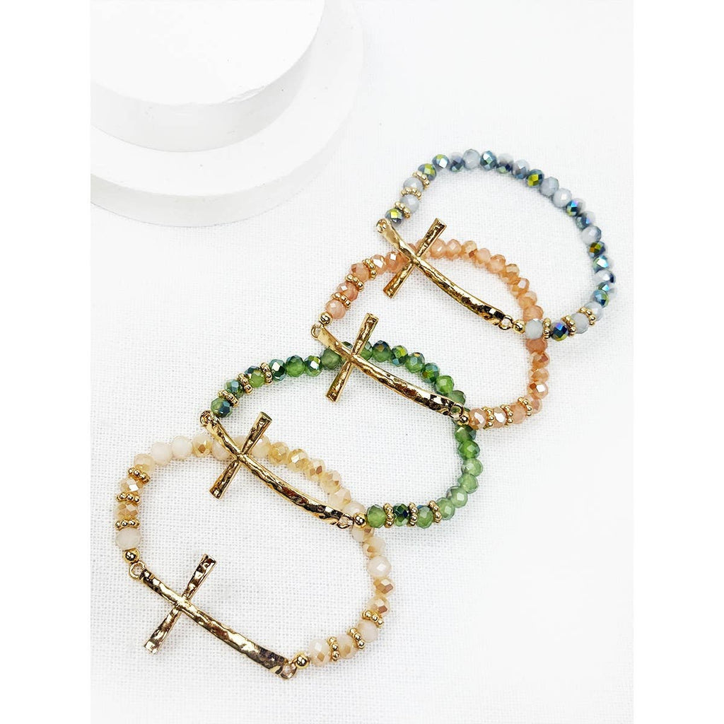 Love and Repeat - Hammered Cross Bead Stretch Bracelet