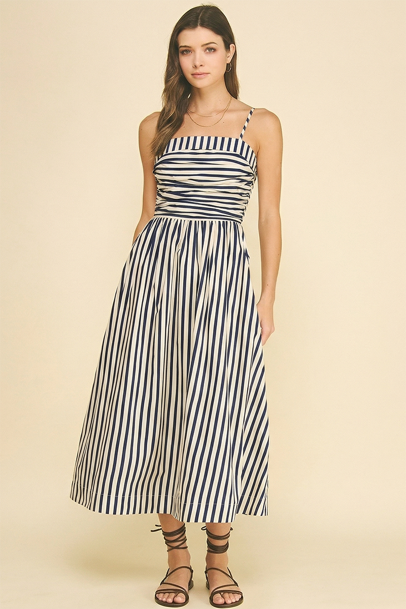 PINCH - STRIPED RUCHED DETAIL MIDI DRESS - 6201DA