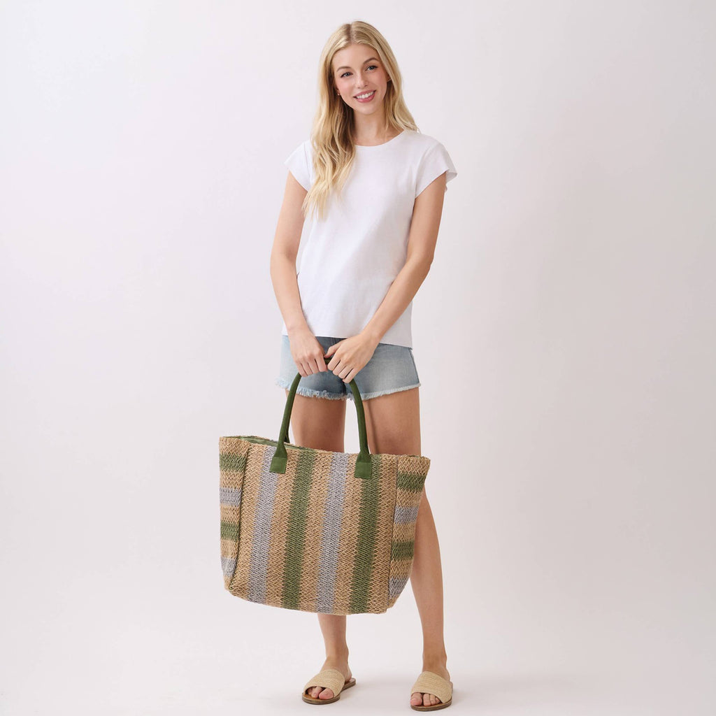 Hana - Multi Color Stripe Pattern Natural Brown Straw Tote Bag