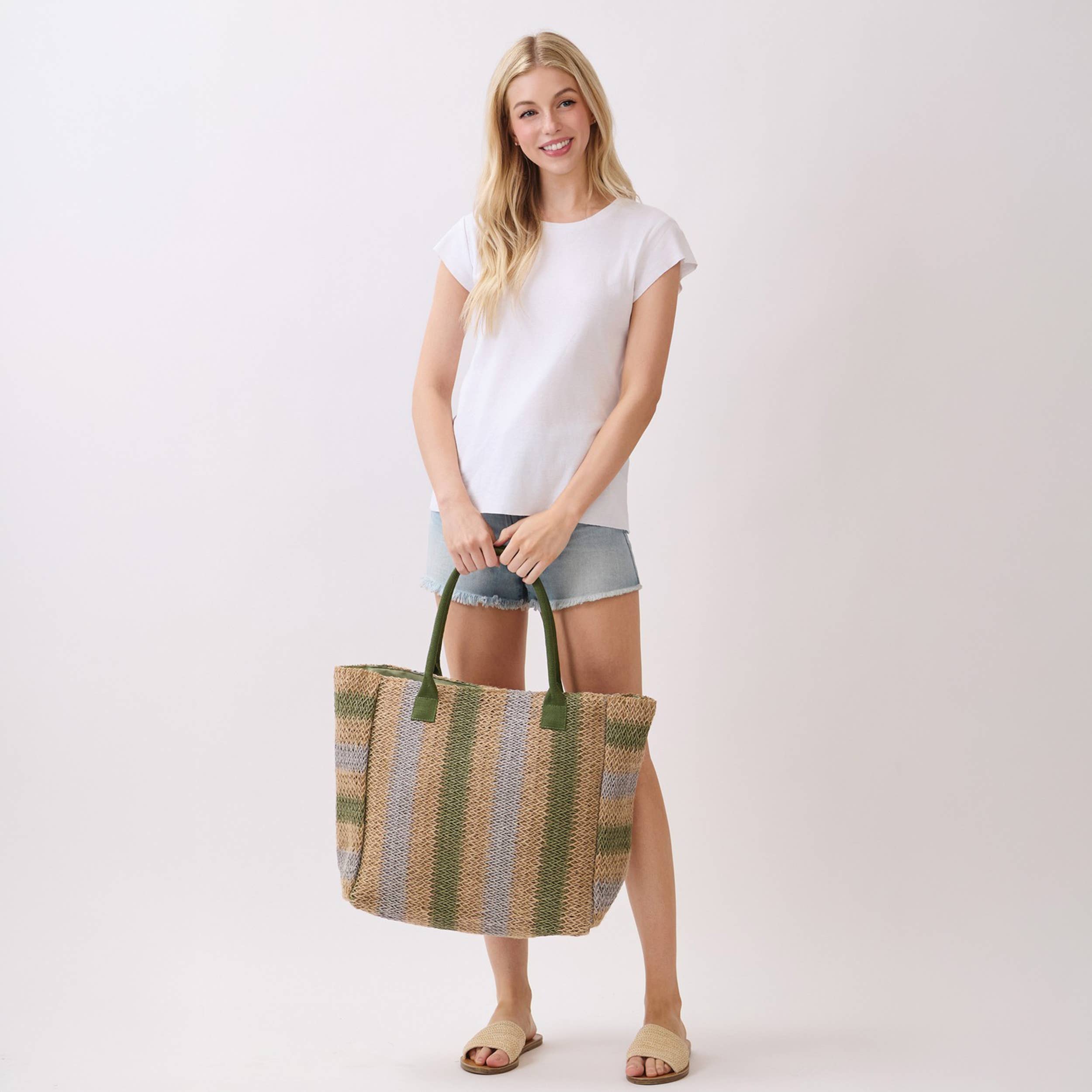 Hana - Multi Color Stripe Pattern Natural Brown Straw Tote Bag
