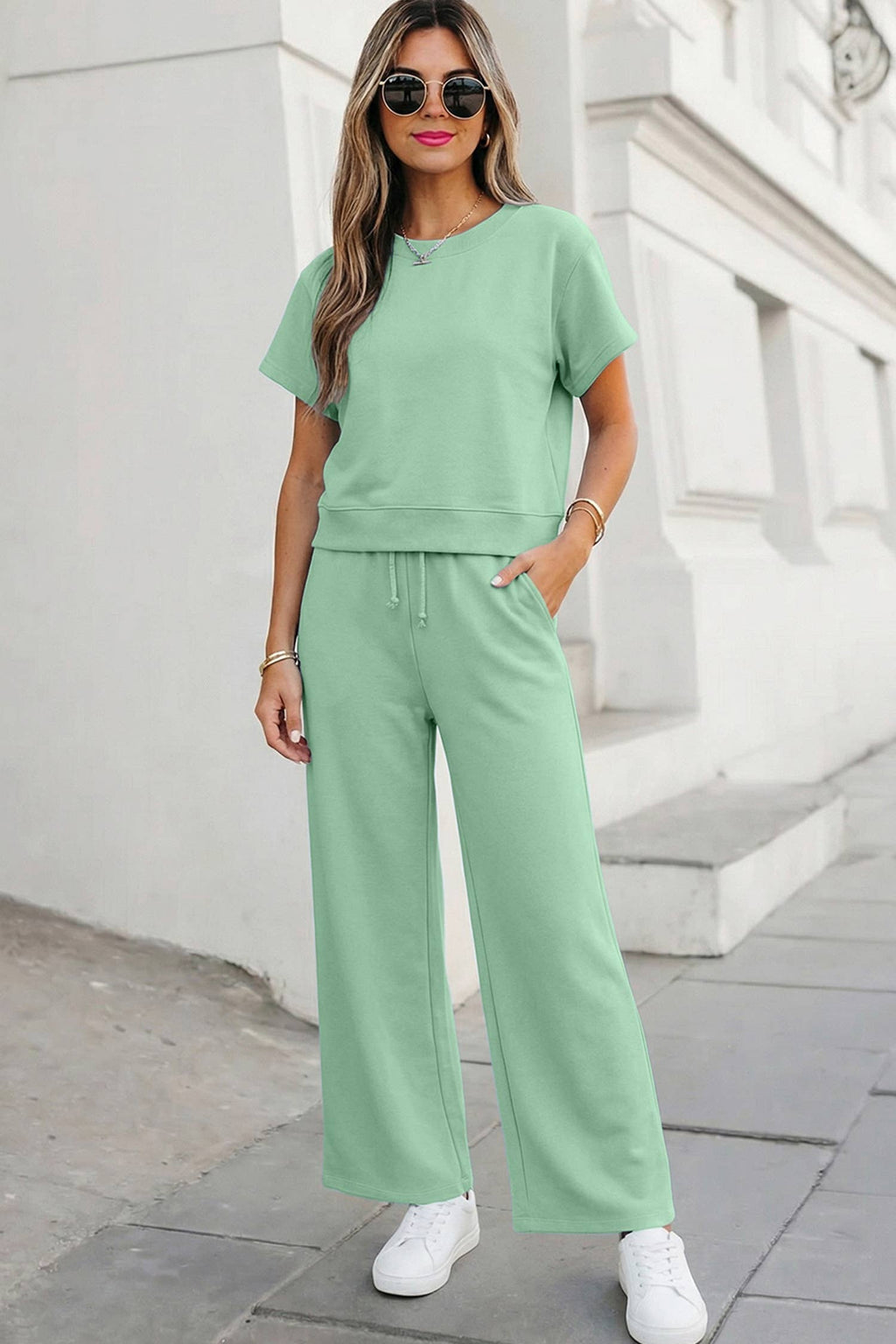 Aapparella - Soft Color Tee & Wide Leg Pants 2pcs Set | S-XL Plus 1X-4X