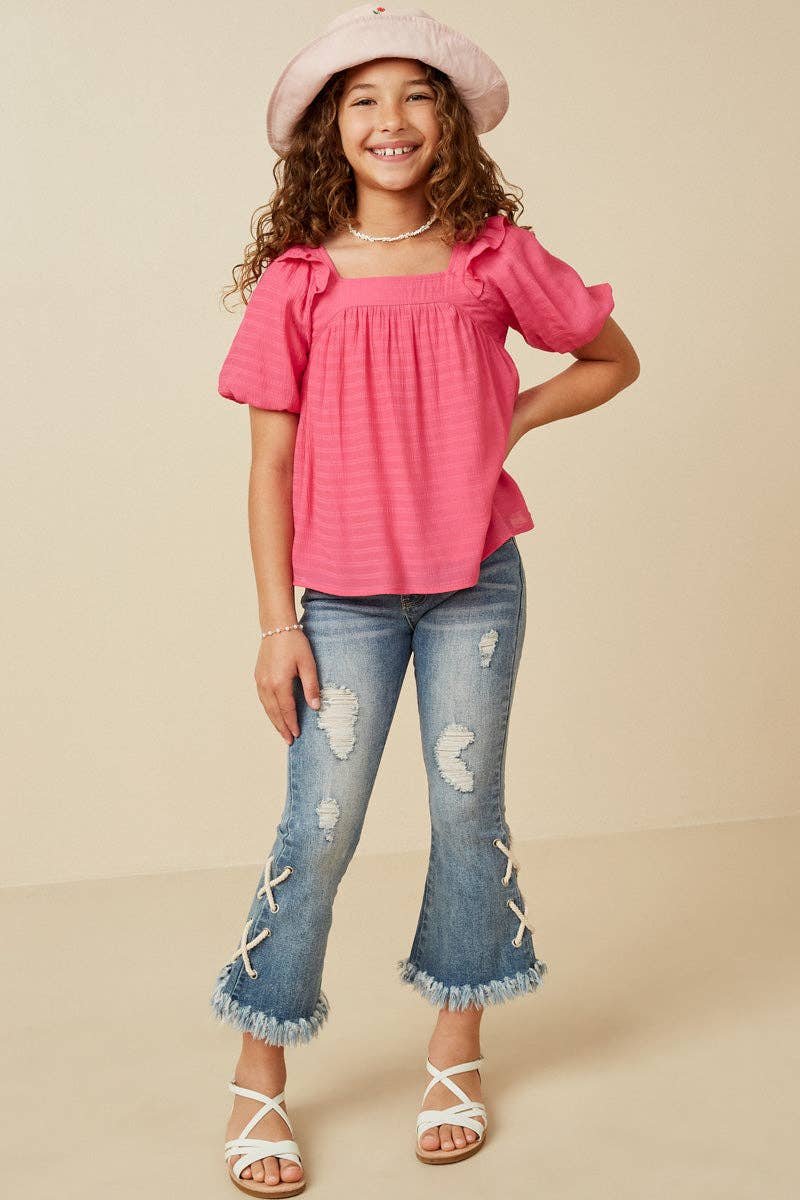 Girls Square Neck Ruffle Shoulder Textured Top