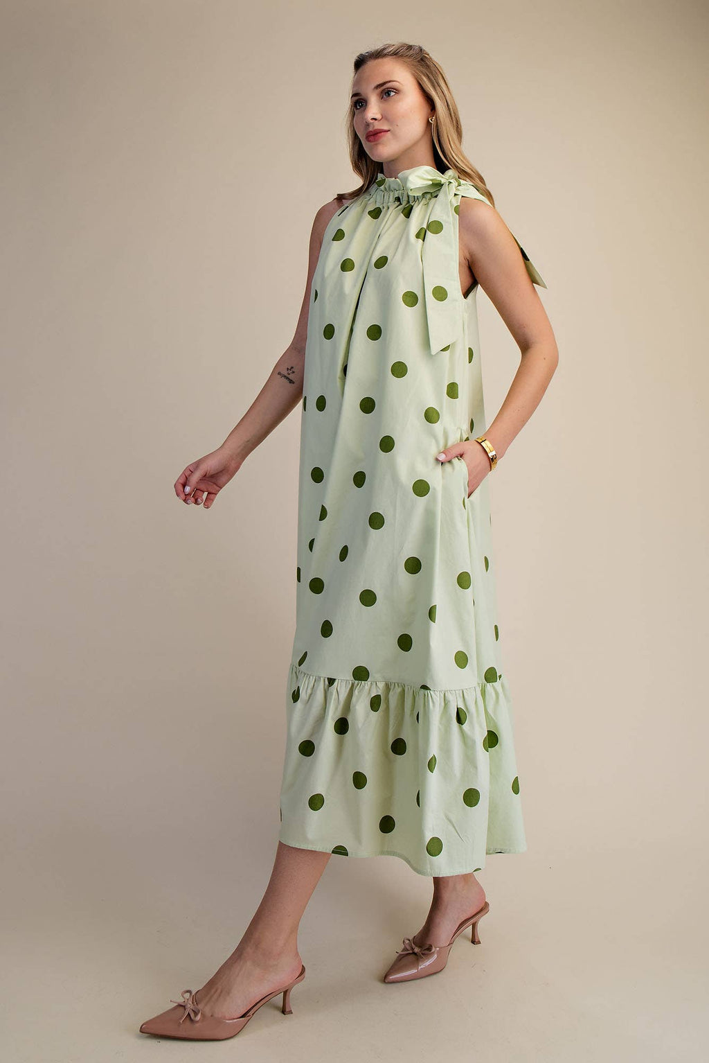 Ruffle Neck Tie Polka Dot Sleeveless Midi Dress