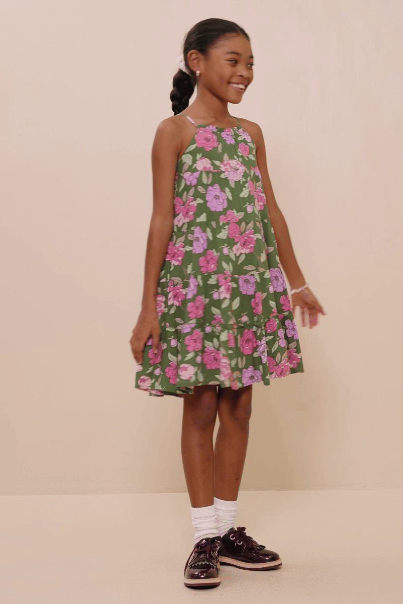Girls Romantic Floral Halter Neck Tiered Midi Dress